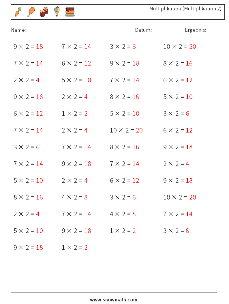 (50) Multiplikation (Multiplikation 2) Mathe-Arbeitsblätter 6 Frage, Antwort