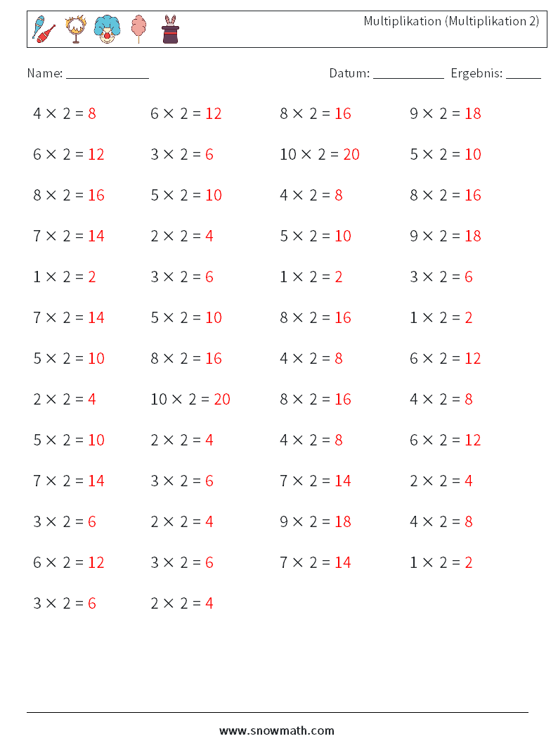 (50) Multiplikation (Multiplikation 2) Mathe-Arbeitsblätter 9 Frage, Antwort