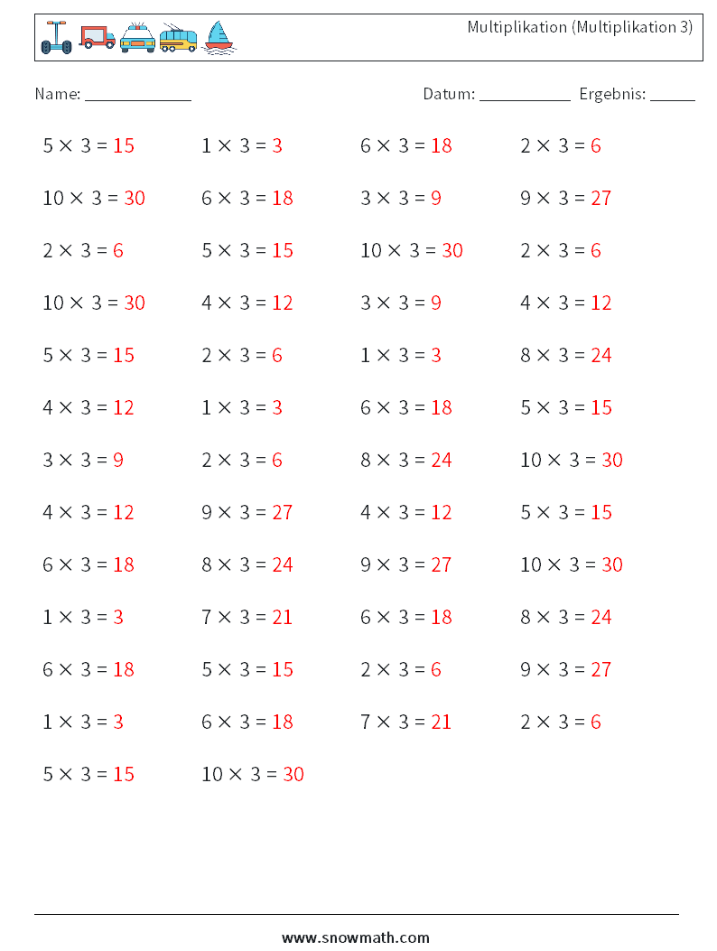 (50) Multiplikation (Multiplikation 3) Mathe-Arbeitsblätter 1 Frage, Antwort
