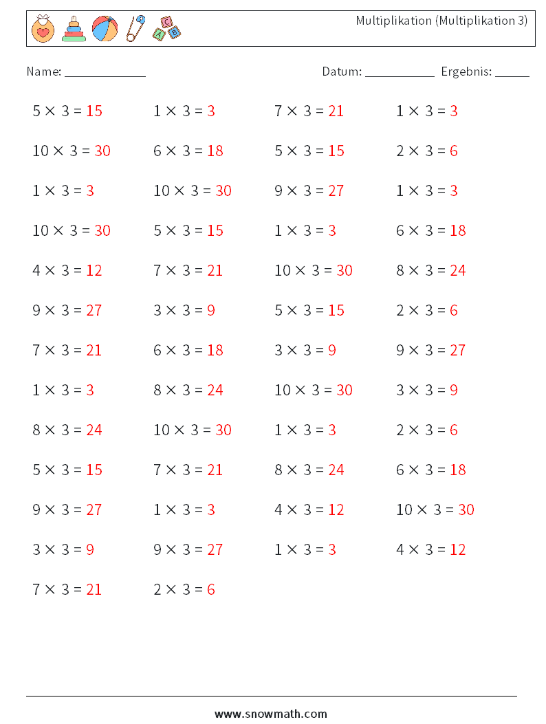 (50) Multiplikation (Multiplikation 3) Mathe-Arbeitsblätter 2 Frage, Antwort