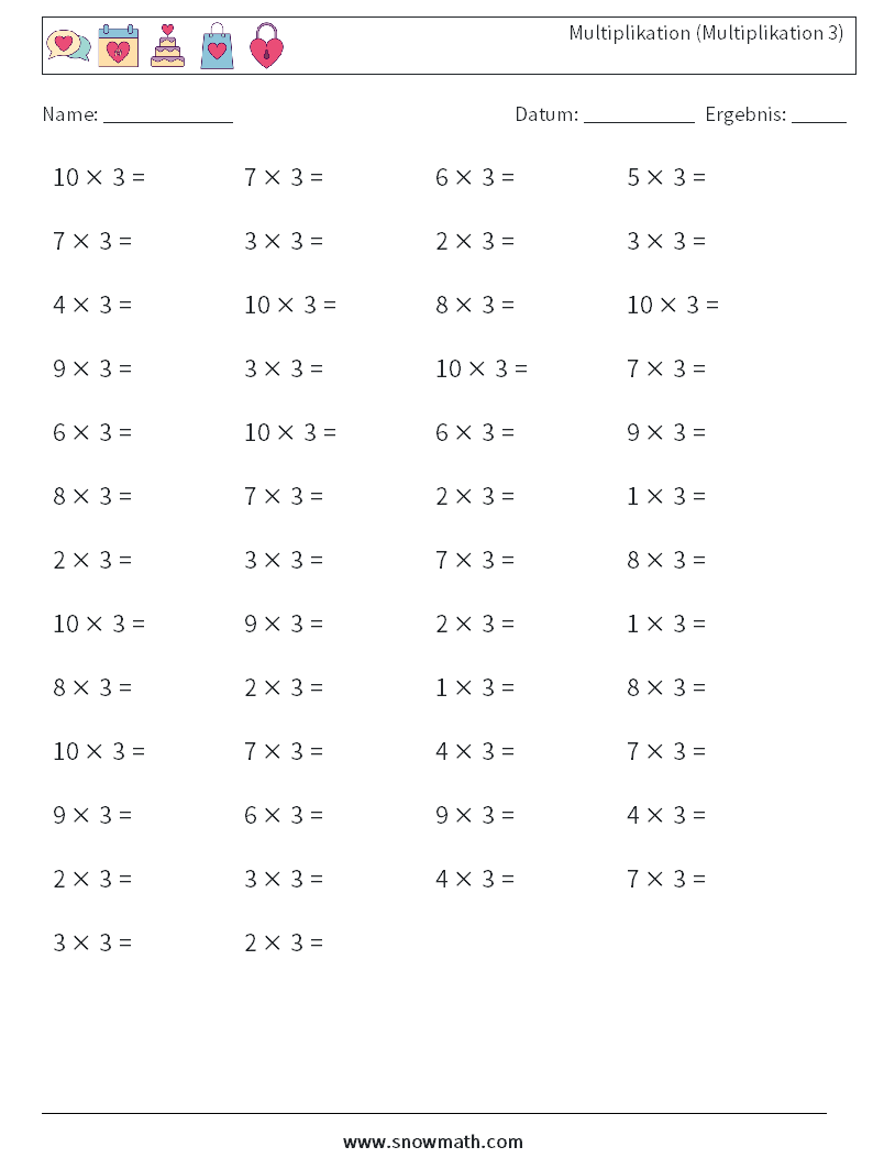 (50) Multiplikation (Multiplikation 3) Mathe-Arbeitsblätter 3