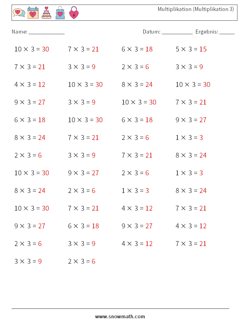 (50) Multiplikation (Multiplikation 3) Mathe-Arbeitsblätter 3 Frage, Antwort