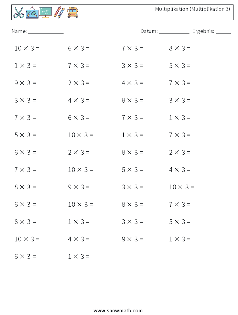(50) Multiplikation (Multiplikation 3) Mathe-Arbeitsblätter 5
