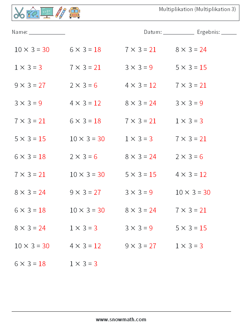 (50) Multiplikation (Multiplikation 3) Mathe-Arbeitsblätter 5 Frage, Antwort