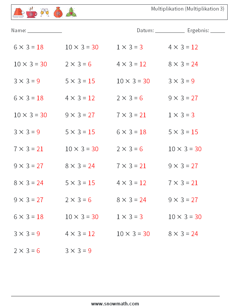 (50) Multiplikation (Multiplikation 3) Mathe-Arbeitsblätter 6 Frage, Antwort