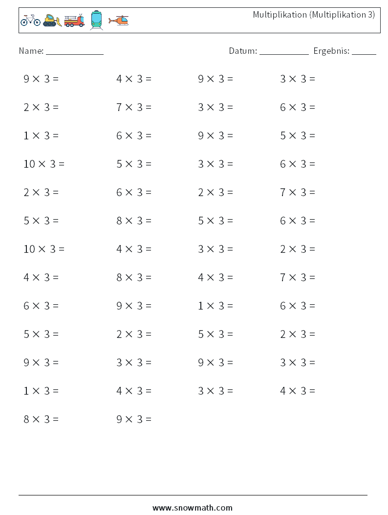 (50) Multiplikation (Multiplikation 3) Mathe-Arbeitsblätter 7