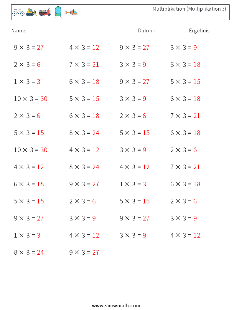 (50) Multiplikation (Multiplikation 3) Mathe-Arbeitsblätter 7 Frage, Antwort