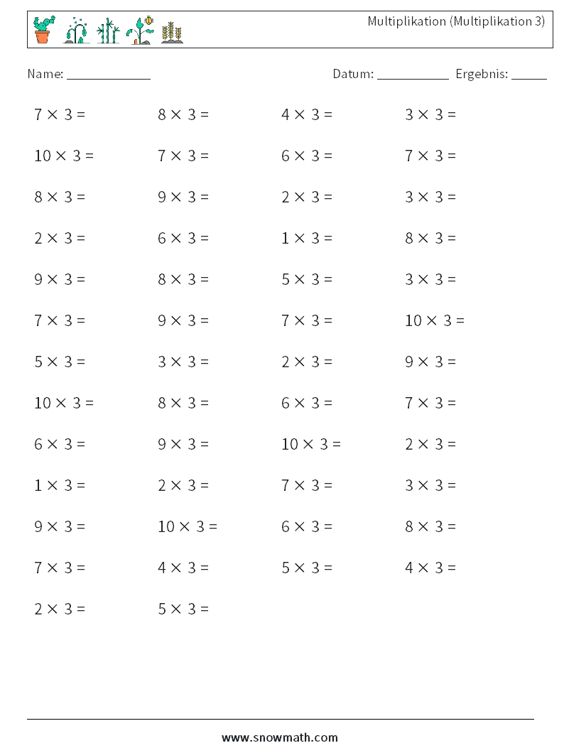 (50) Multiplikation (Multiplikation 3) Mathe-Arbeitsblätter 8