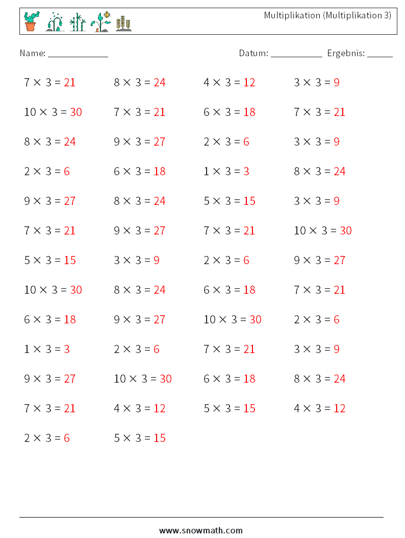 (50) Multiplikation (Multiplikation 3) Mathe-Arbeitsblätter 8 Frage, Antwort