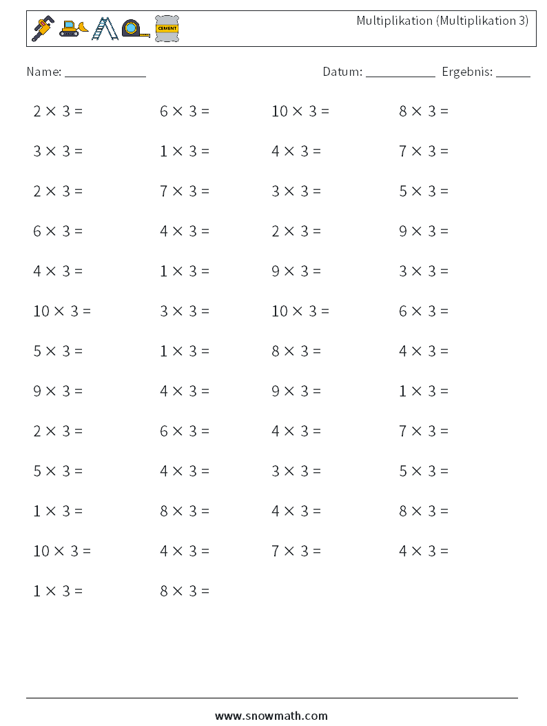 (50) Multiplikation (Multiplikation 3) Mathe-Arbeitsblätter 9