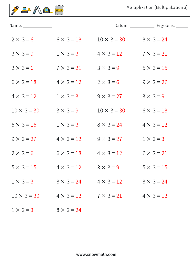 (50) Multiplikation (Multiplikation 3) Mathe-Arbeitsblätter 9 Frage, Antwort