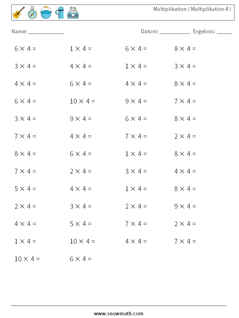 (50) Multiplikation ( Multiplikation 4 ) Mathe-Arbeitsblätter 1