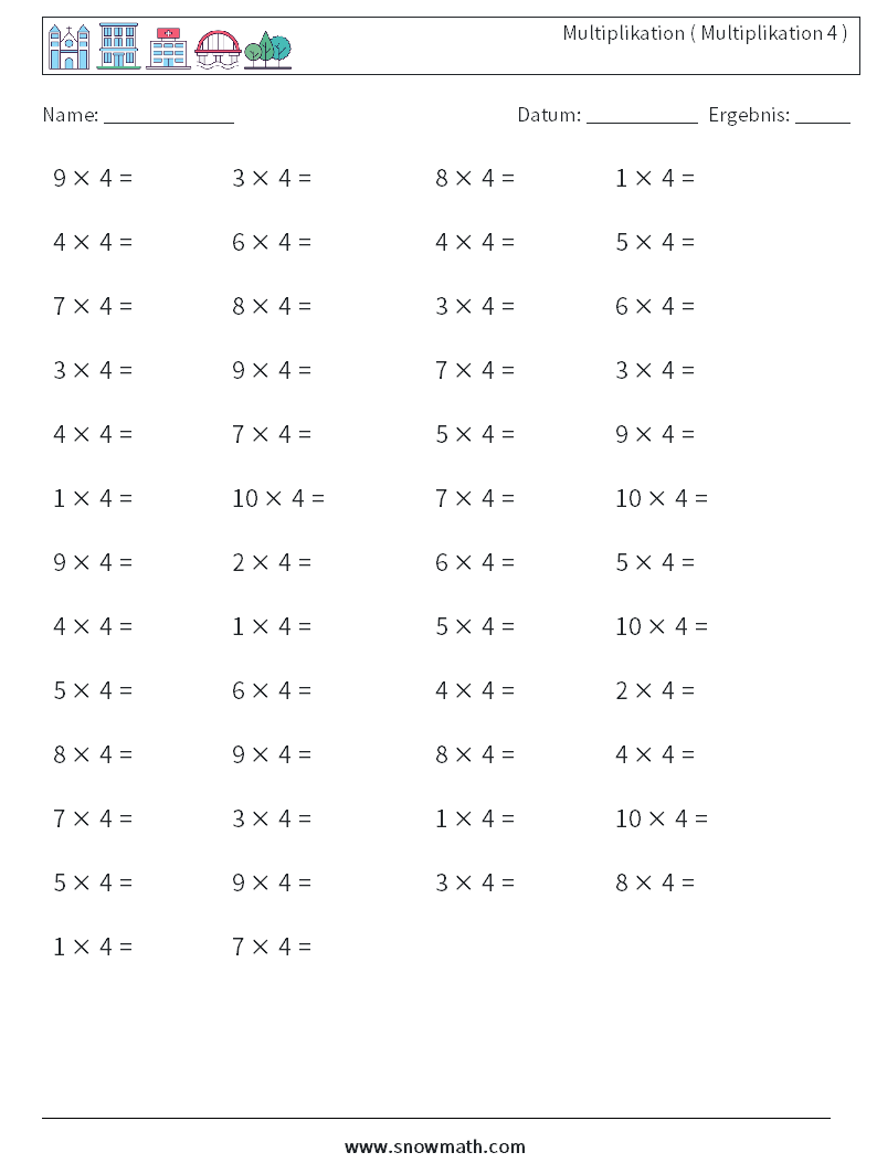 (50) Multiplikation ( Multiplikation 4 ) Mathe-Arbeitsblätter 7