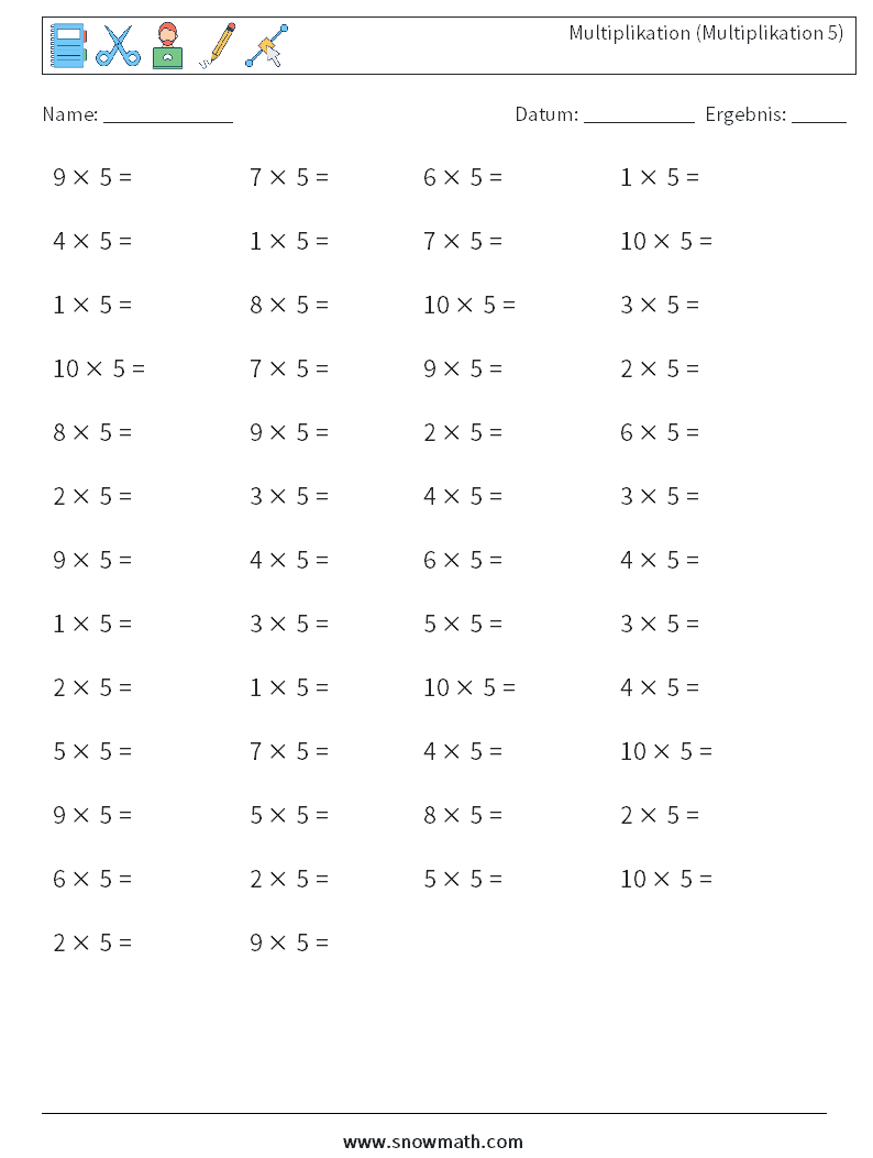 (50) Multiplikation (Multiplikation 5) Mathe-Arbeitsblätter 1