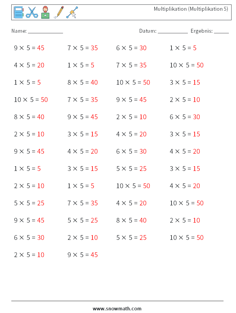 (50) Multiplikation (Multiplikation 5) Mathe-Arbeitsblätter 1 Frage, Antwort