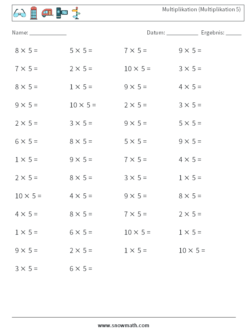 (50) Multiplikation (Multiplikation 5) Mathe-Arbeitsblätter 2