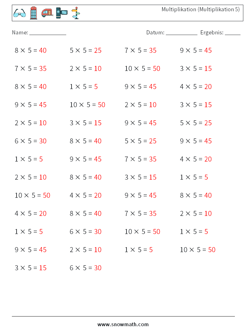 (50) Multiplikation (Multiplikation 5) Mathe-Arbeitsblätter 2 Frage, Antwort