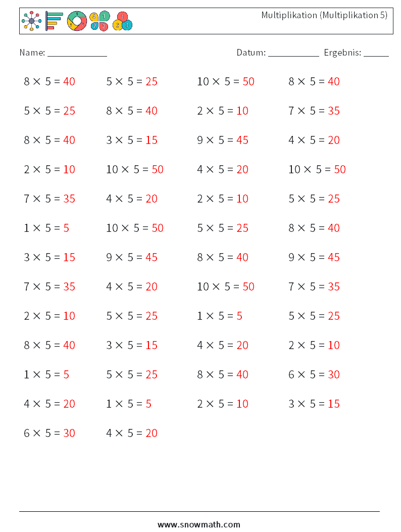 (50) Multiplikation (Multiplikation 5) Mathe-Arbeitsblätter 4 Frage, Antwort