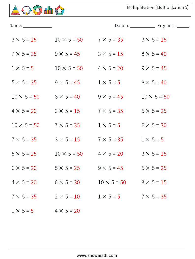 (50) Multiplikation (Multiplikation 5) Mathe-Arbeitsblätter 5 Frage, Antwort