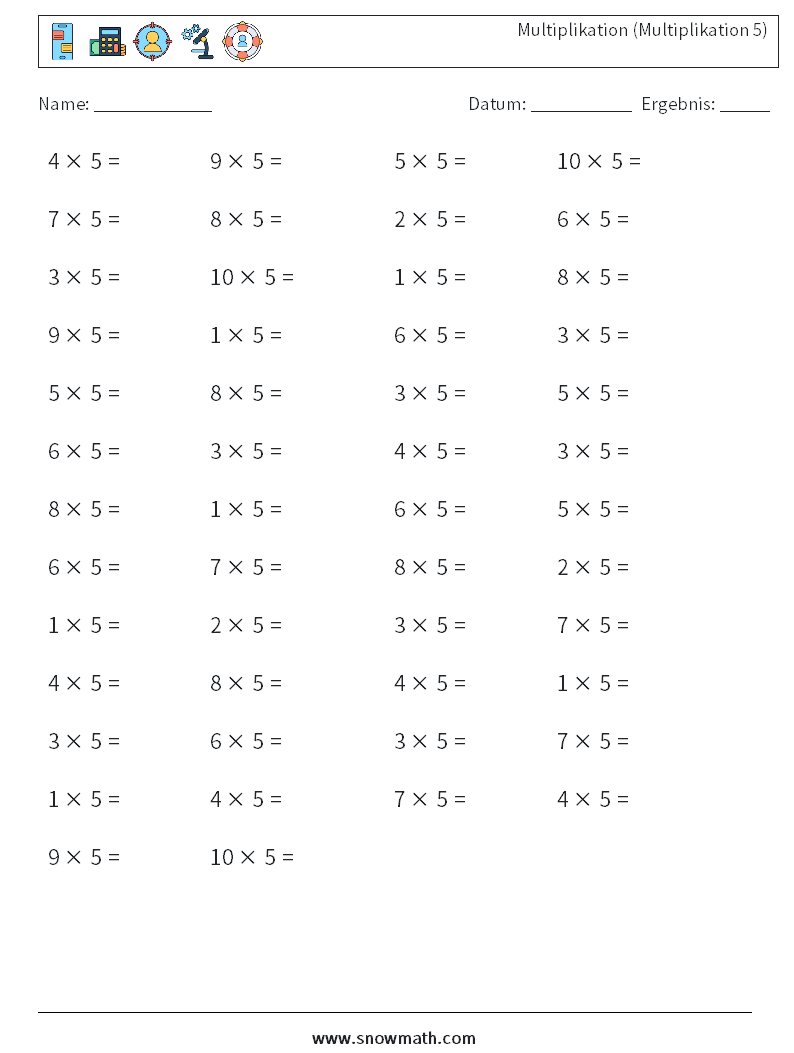 (50) Multiplikation (Multiplikation 5) Mathe-Arbeitsblätter 9