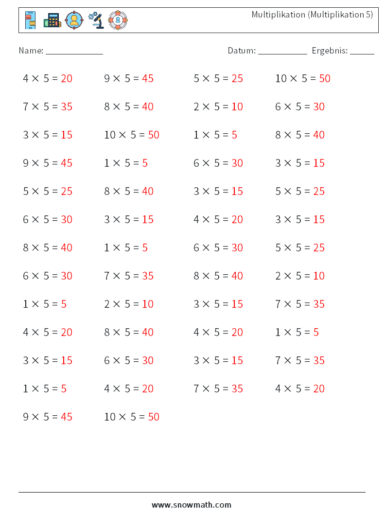 (50) Multiplikation (Multiplikation 5) Mathe-Arbeitsblätter 9 Frage, Antwort
