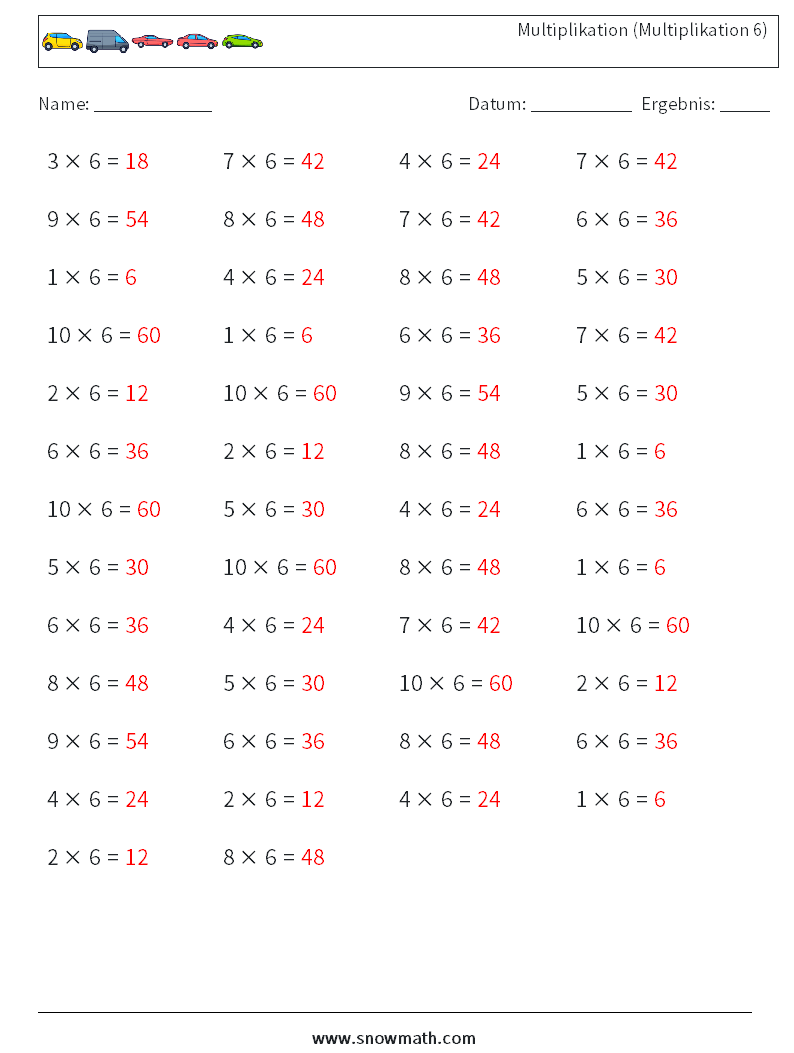 (50) Multiplikation (Multiplikation 6) Mathe-Arbeitsblätter 1 Frage, Antwort