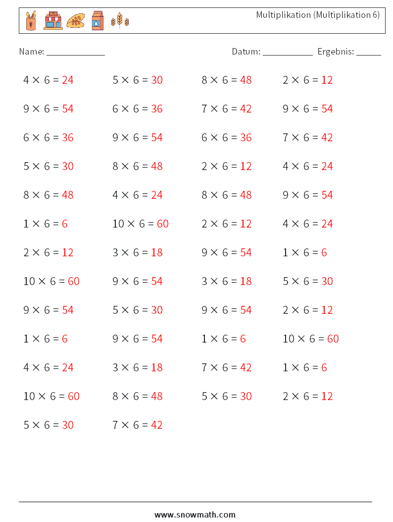(50) Multiplikation (Multiplikation 6) Mathe-Arbeitsblätter 2 Frage, Antwort