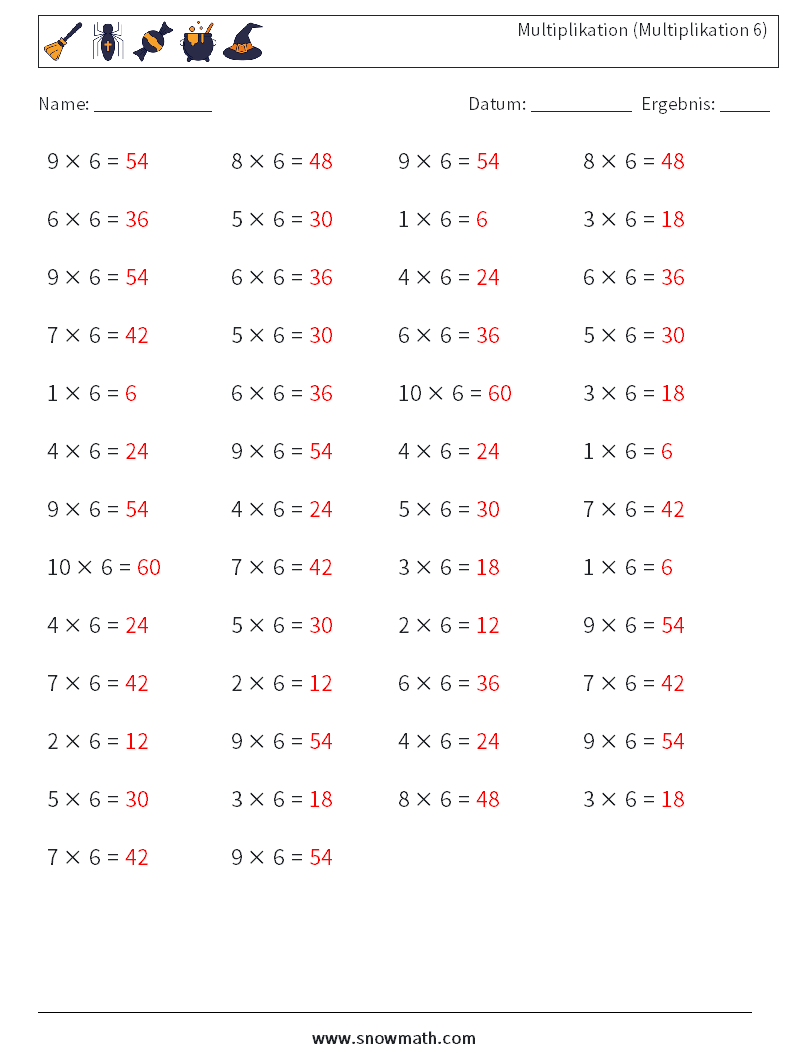 (50) Multiplikation (Multiplikation 6) Mathe-Arbeitsblätter 3 Frage, Antwort
