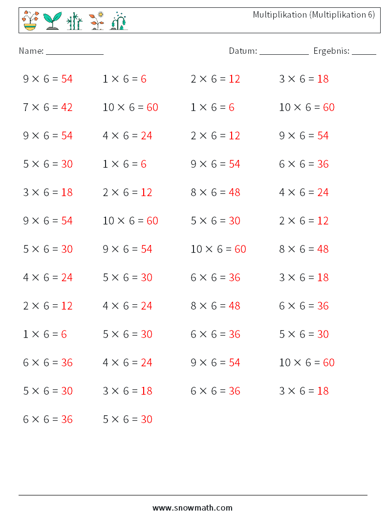 (50) Multiplikation (Multiplikation 6) Mathe-Arbeitsblätter 5 Frage, Antwort
