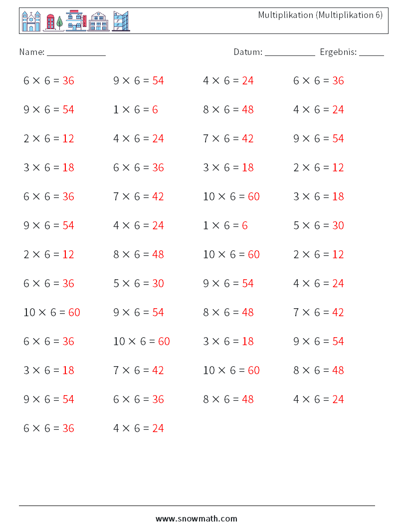 (50) Multiplikation (Multiplikation 6) Mathe-Arbeitsblätter 7 Frage, Antwort