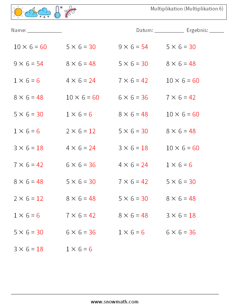 (50) Multiplikation (Multiplikation 6) Mathe-Arbeitsblätter 8 Frage, Antwort