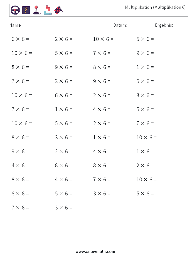 (50) Multiplikation (Multiplikation 6) Mathe-Arbeitsblätter 9