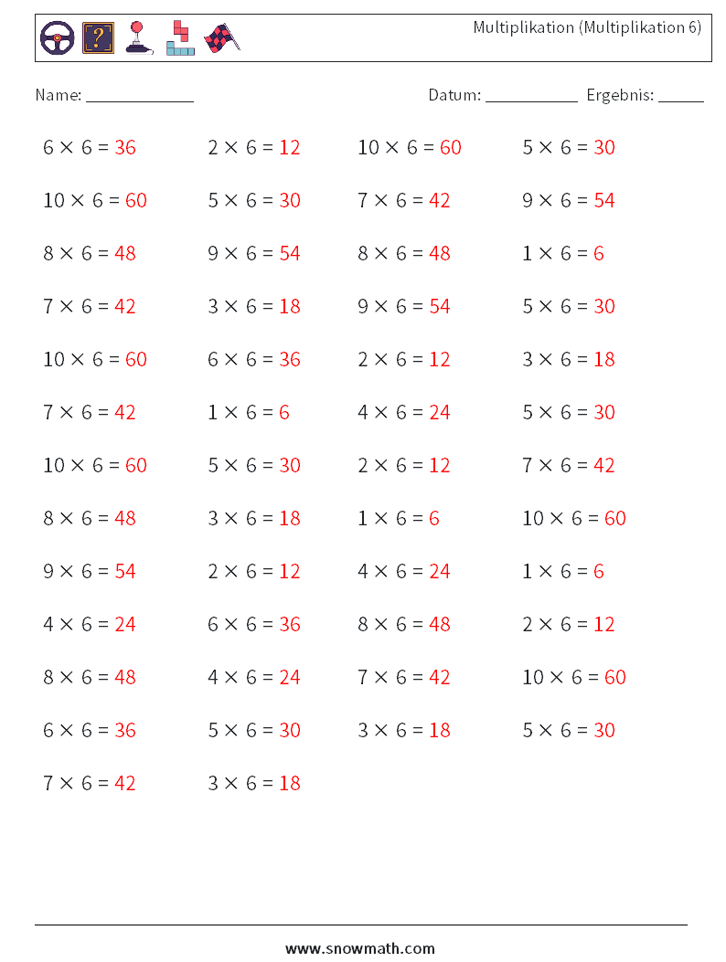 (50) Multiplikation (Multiplikation 6) Mathe-Arbeitsblätter 9 Frage, Antwort
