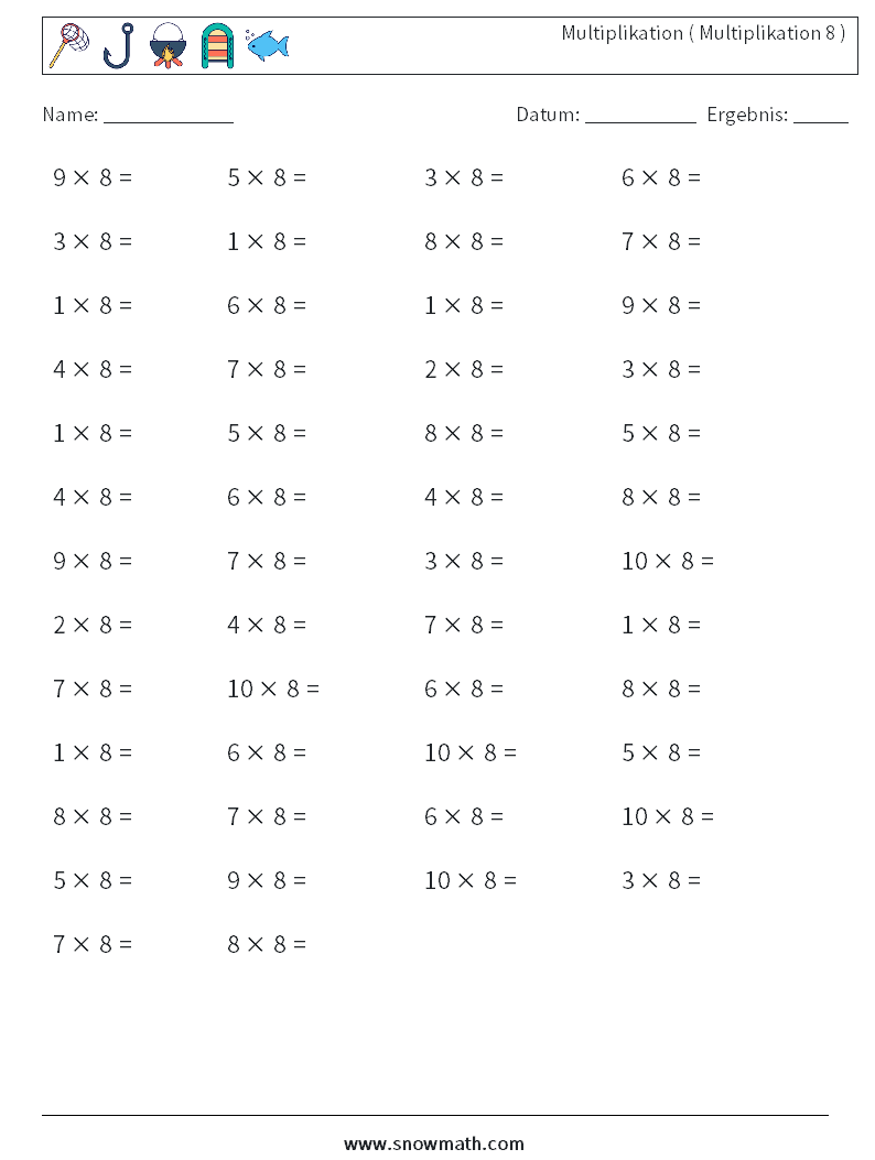 (50) Multiplikation ( Multiplikation 8 ) Mathe-Arbeitsblätter 1