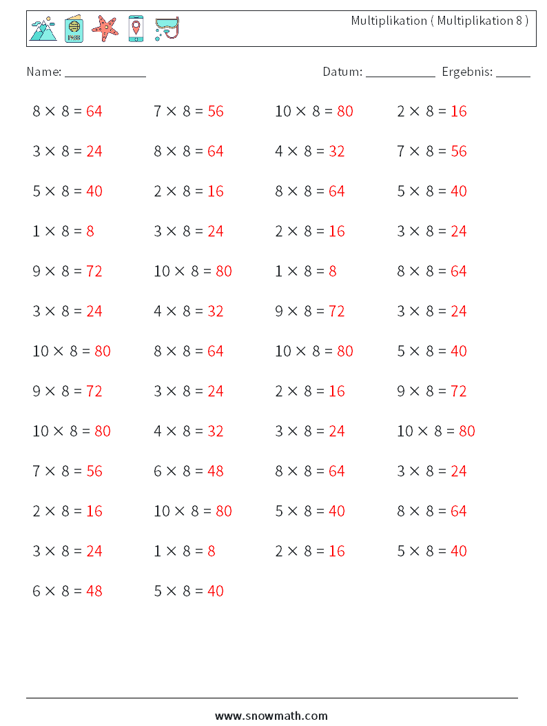 (50) Multiplikation ( Multiplikation 8 ) Mathe-Arbeitsblätter 2 Frage, Antwort