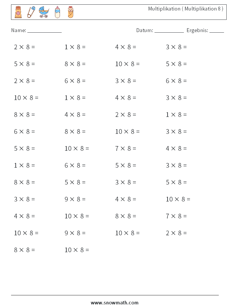 (50) Multiplikation ( Multiplikation 8 ) Mathe-Arbeitsblätter 3