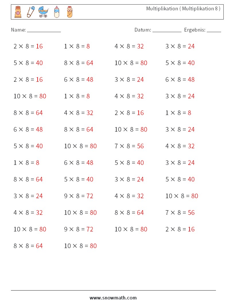 (50) Multiplikation ( Multiplikation 8 ) Mathe-Arbeitsblätter 3 Frage, Antwort