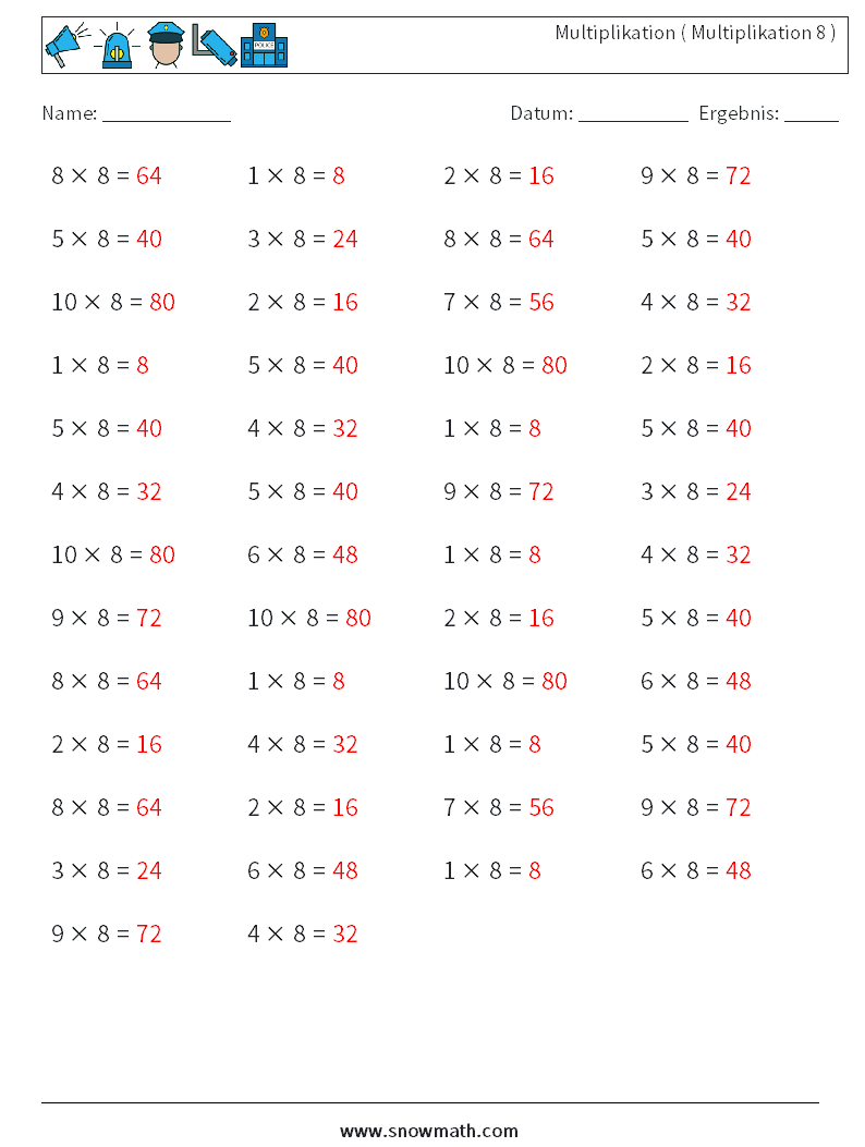 (50) Multiplikation ( Multiplikation 8 ) Mathe-Arbeitsblätter 4 Frage, Antwort