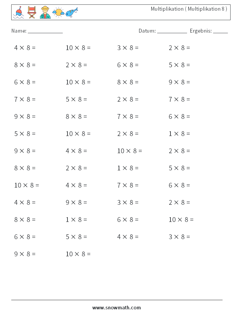 (50) Multiplikation ( Multiplikation 8 ) Mathe-Arbeitsblätter 7