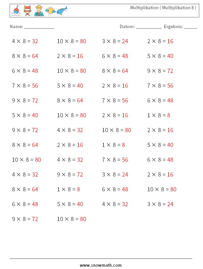 (50) Multiplikation ( Multiplikation 8 ) Mathe-Arbeitsblätter 7 Frage, Antwort