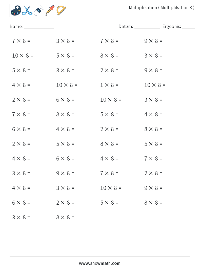 (50) Multiplikation ( Multiplikation 8 ) Mathe-Arbeitsblätter 8