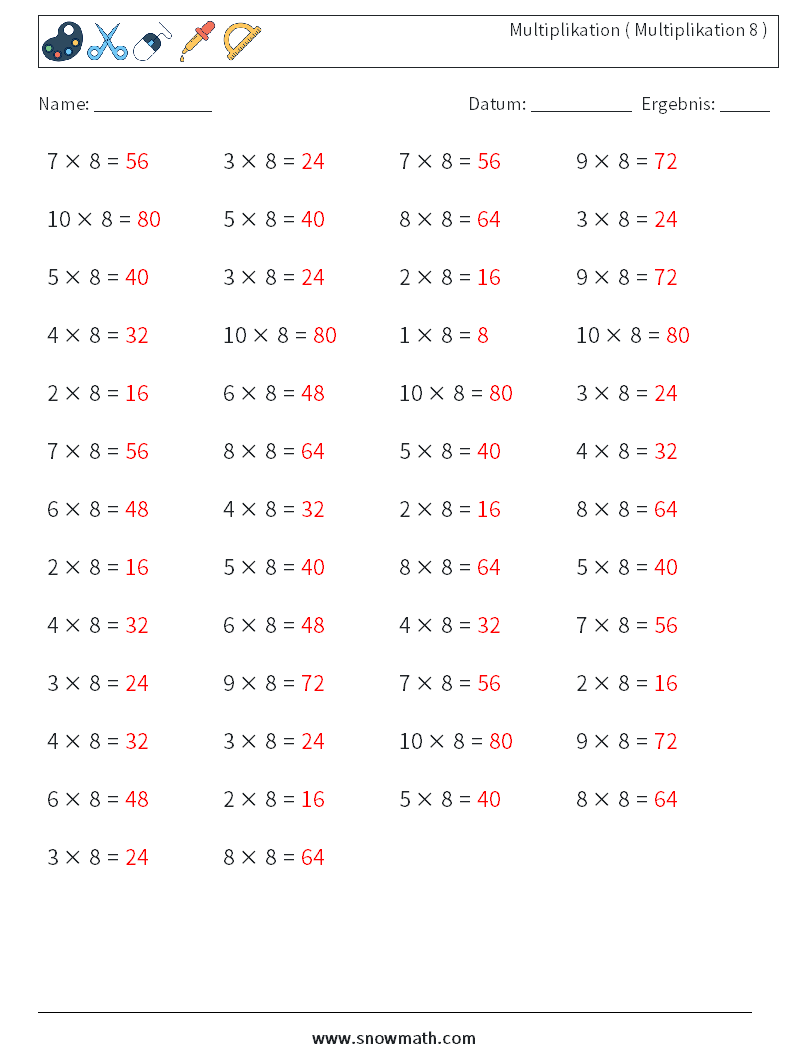 (50) Multiplikation ( Multiplikation 8 ) Mathe-Arbeitsblätter 8 Frage, Antwort