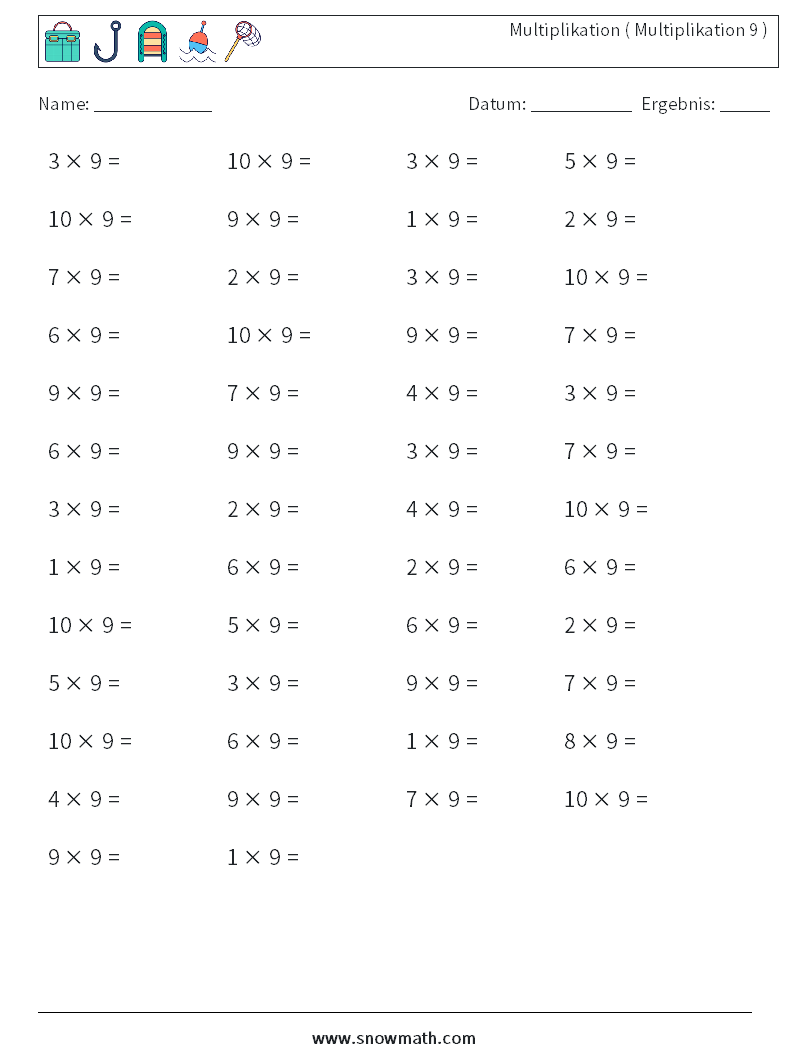 (50) Multiplikation ( Multiplikation 9 ) Mathe-Arbeitsblätter 1