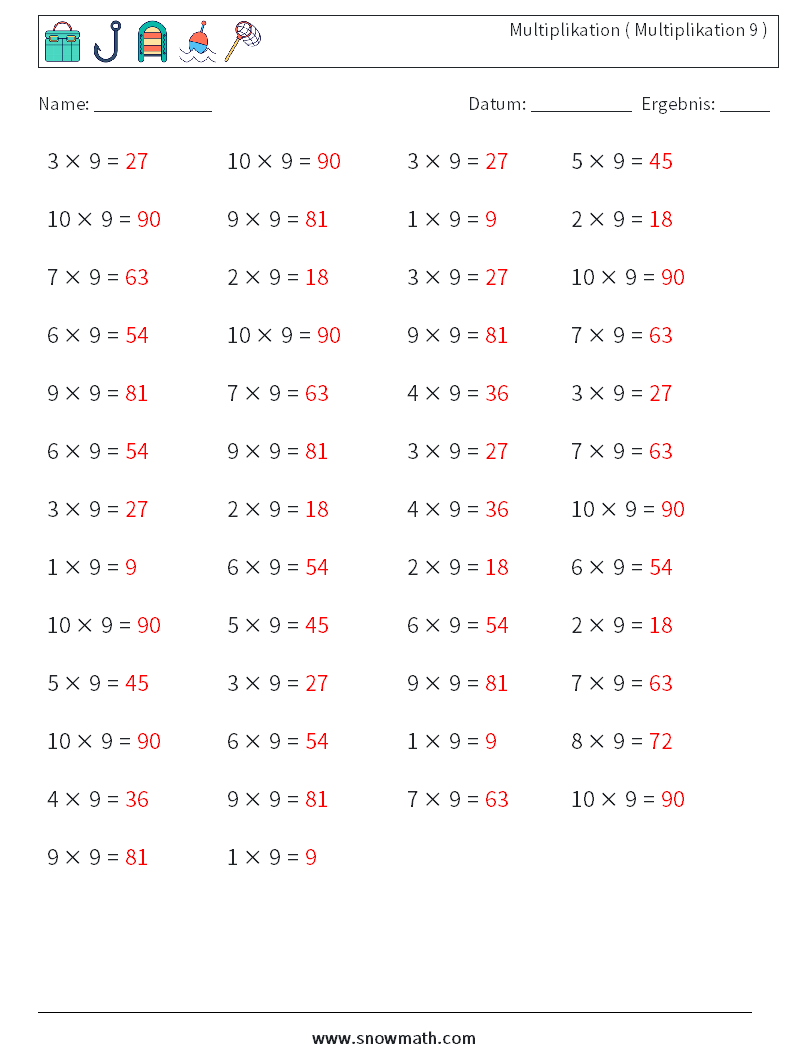 (50) Multiplikation ( Multiplikation 9 ) Mathe-Arbeitsblätter 1 Frage, Antwort