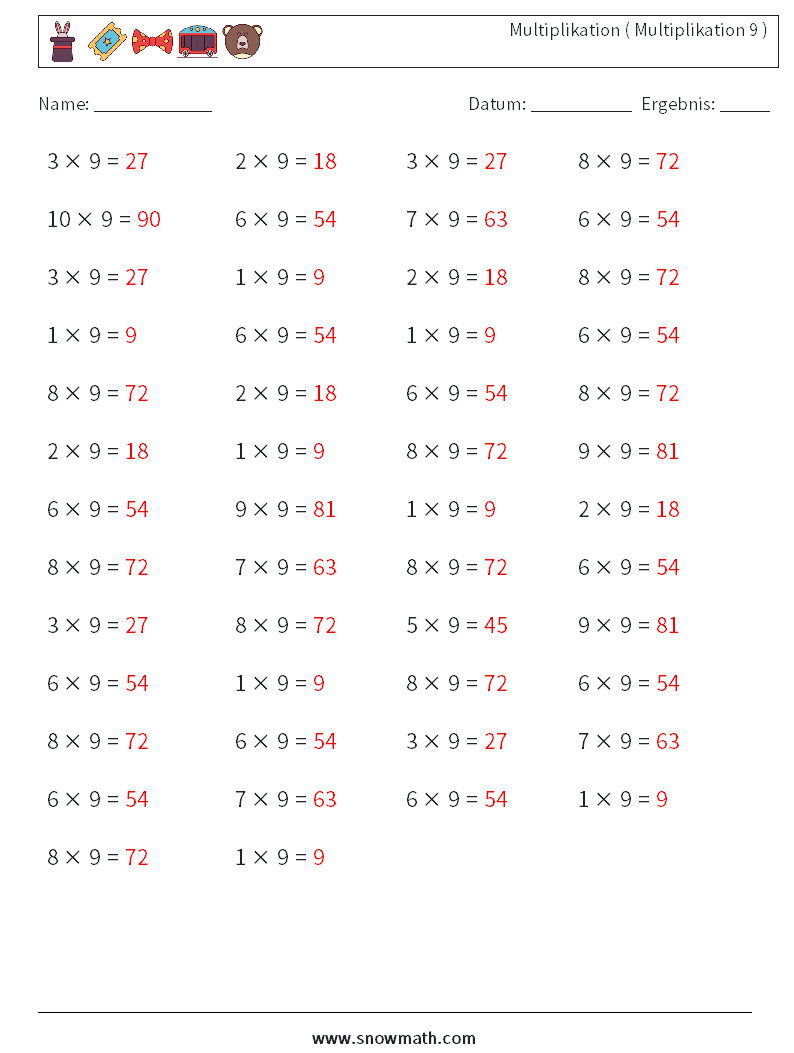 (50) Multiplikation ( Multiplikation 9 ) Mathe-Arbeitsblätter 2 Frage, Antwort