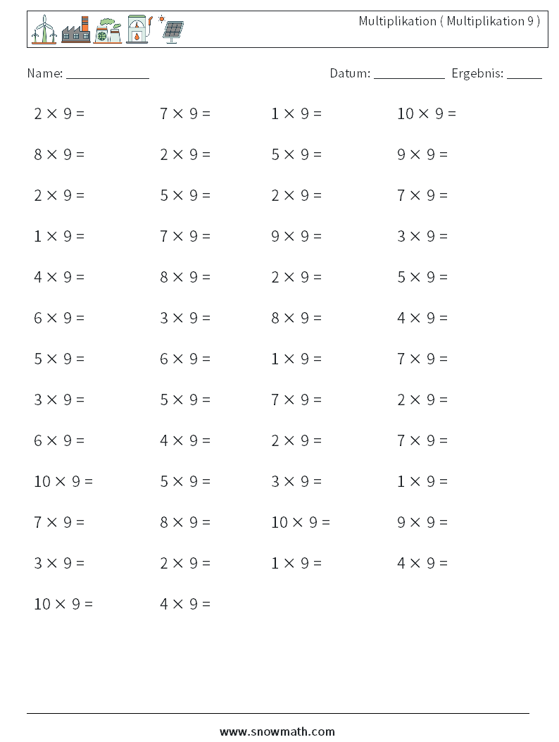 (50) Multiplikation ( Multiplikation 9 ) Mathe-Arbeitsblätter 3