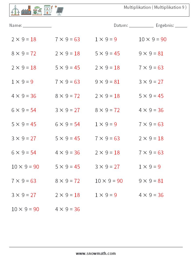 (50) Multiplikation ( Multiplikation 9 ) Mathe-Arbeitsblätter 3 Frage, Antwort