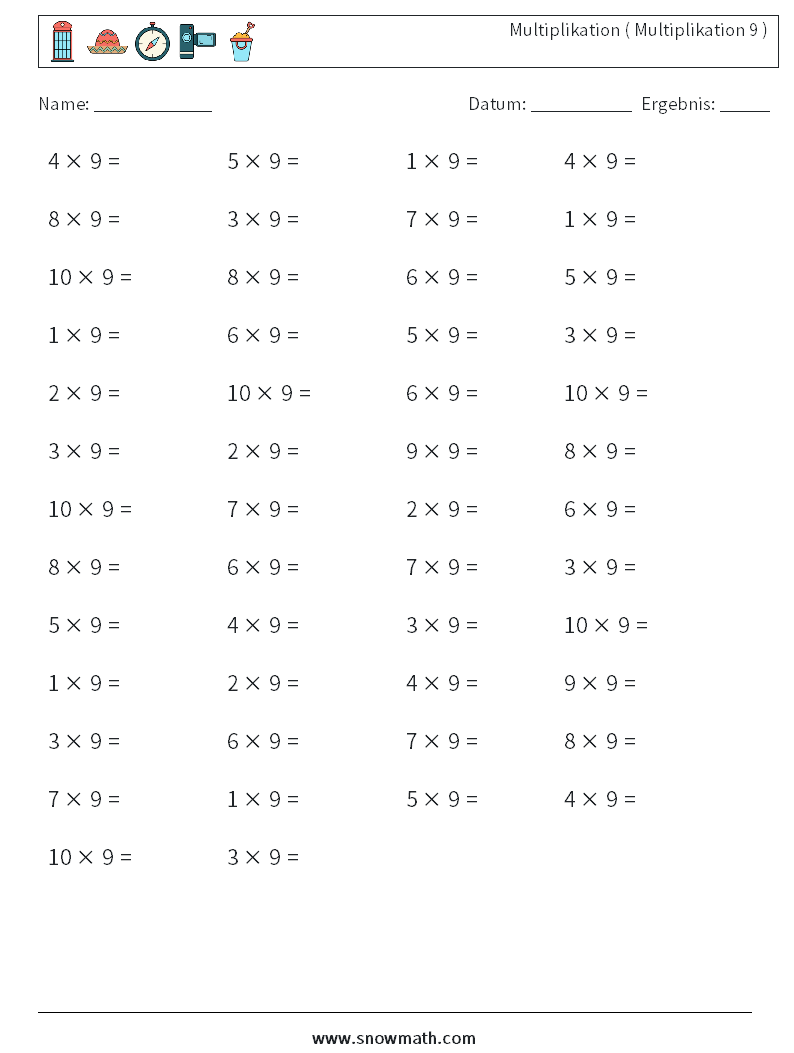 (50) Multiplikation ( Multiplikation 9 ) Mathe-Arbeitsblätter 4