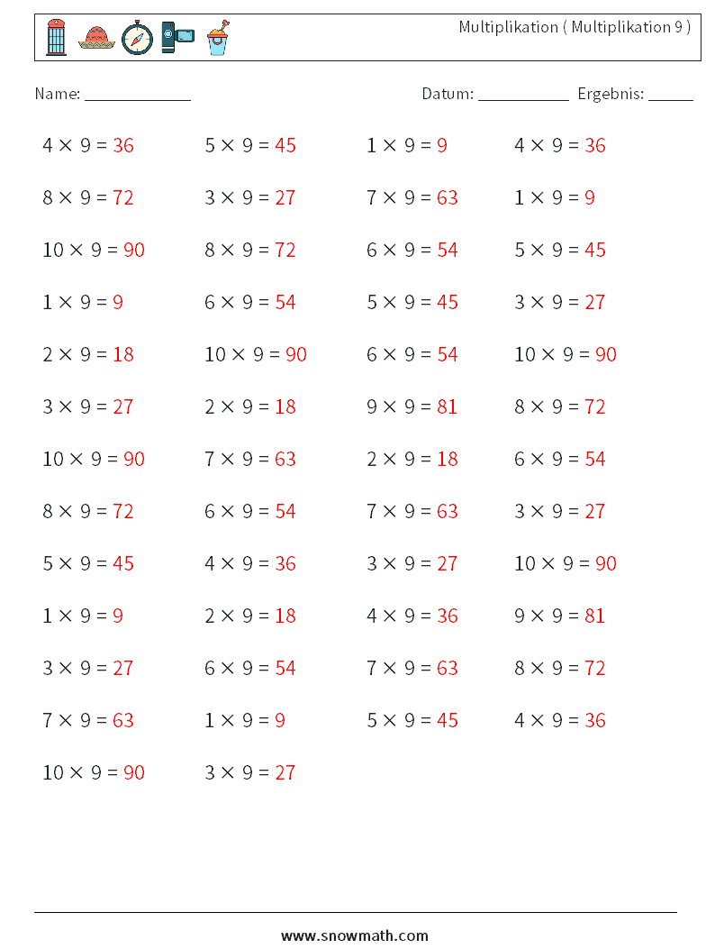 (50) Multiplikation ( Multiplikation 9 ) Mathe-Arbeitsblätter 4 Frage, Antwort