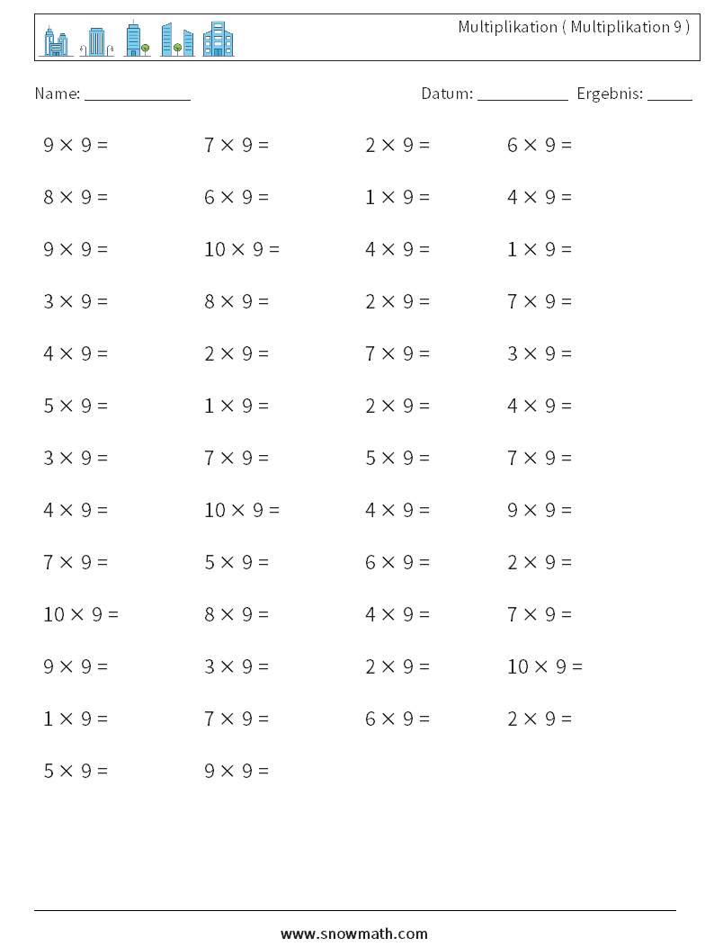 (50) Multiplikation ( Multiplikation 9 ) Mathe-Arbeitsblätter 5